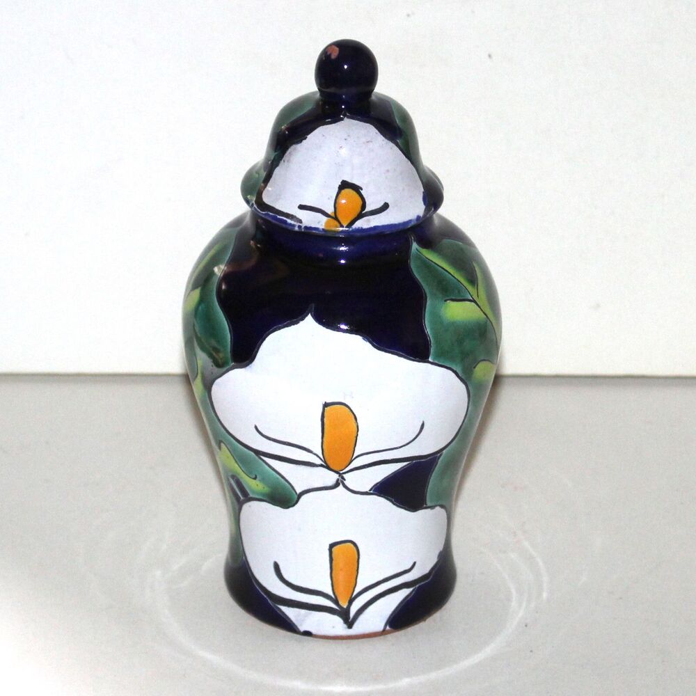Vintage Mexico Pottery Calla Lily Jar w Lid 7.5" Canister Decor blue vase